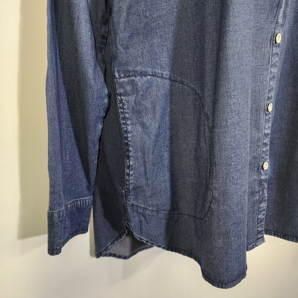 Denim & Co Women Stretch Chambray Tunic Side Pockets Dark Wash Size Small Button - Picture 6 of 12